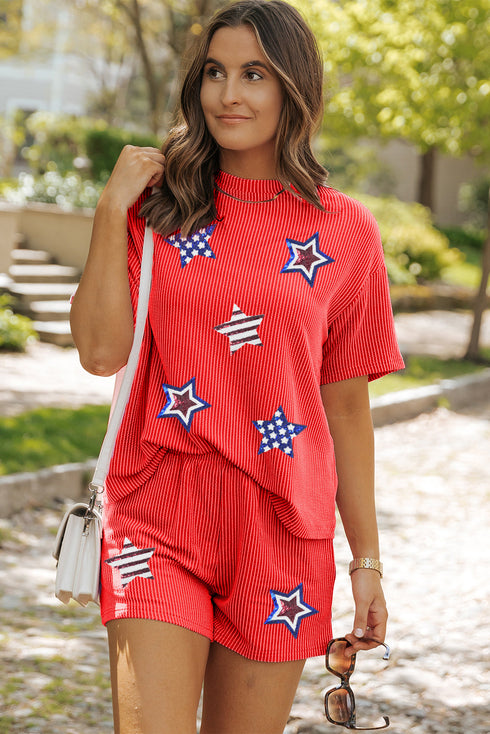 Orange Sequin USA Flag Star Graphic Corded T Shirt and Shorts Set